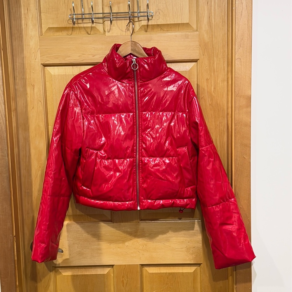 Love tree red pleather puffer jacket coat size M